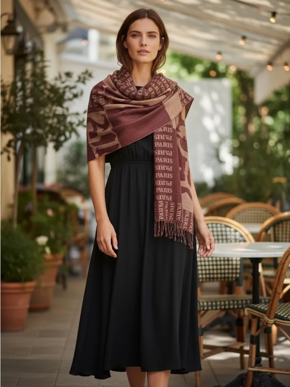 Paris Eiffel Tower Brown Camel Fringe Wrap Scarf Shawl Size OS